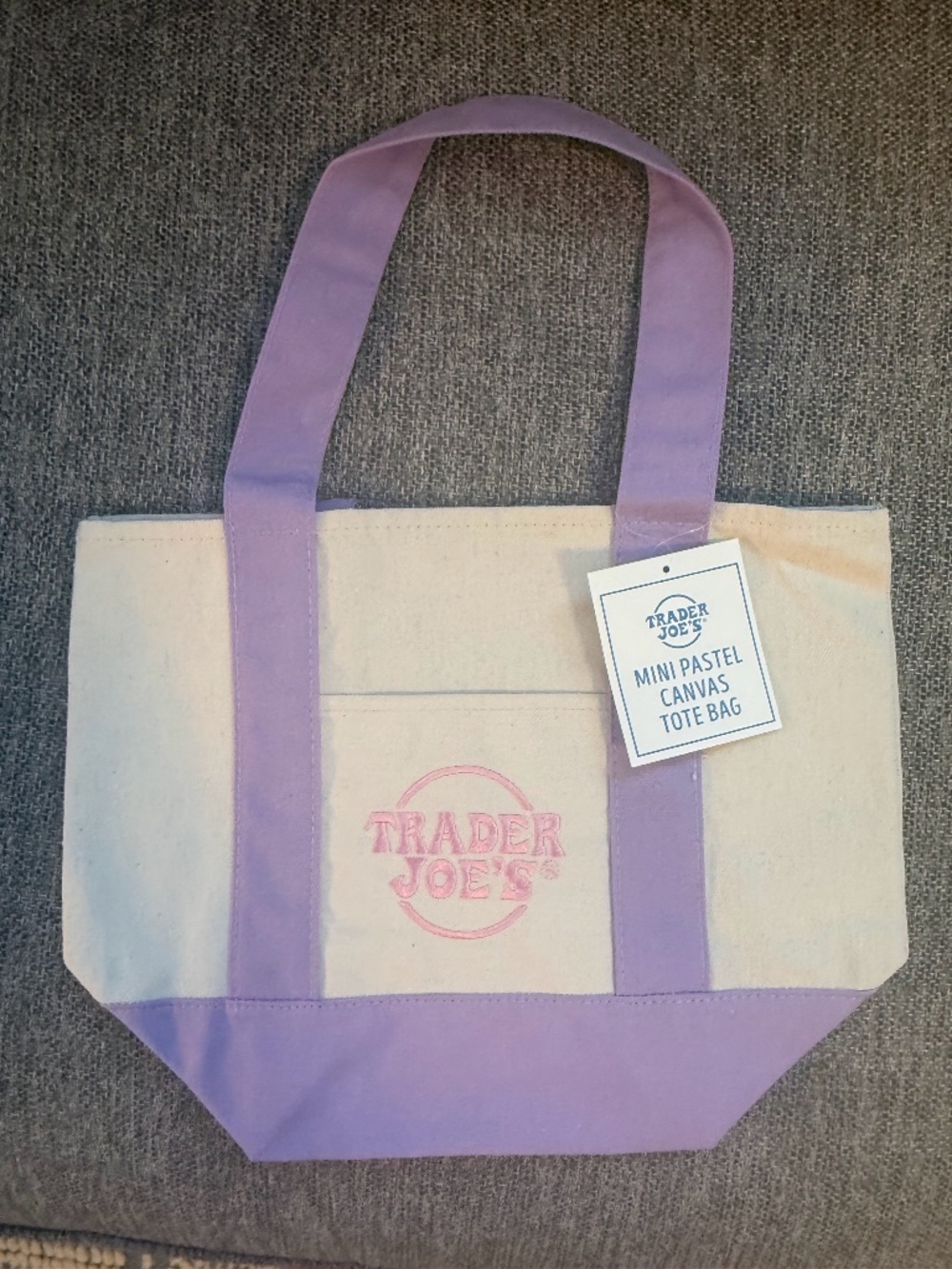 NWT | Trader Joe's Pastel Mini Canvas Tote | Purple with Pink Logo
